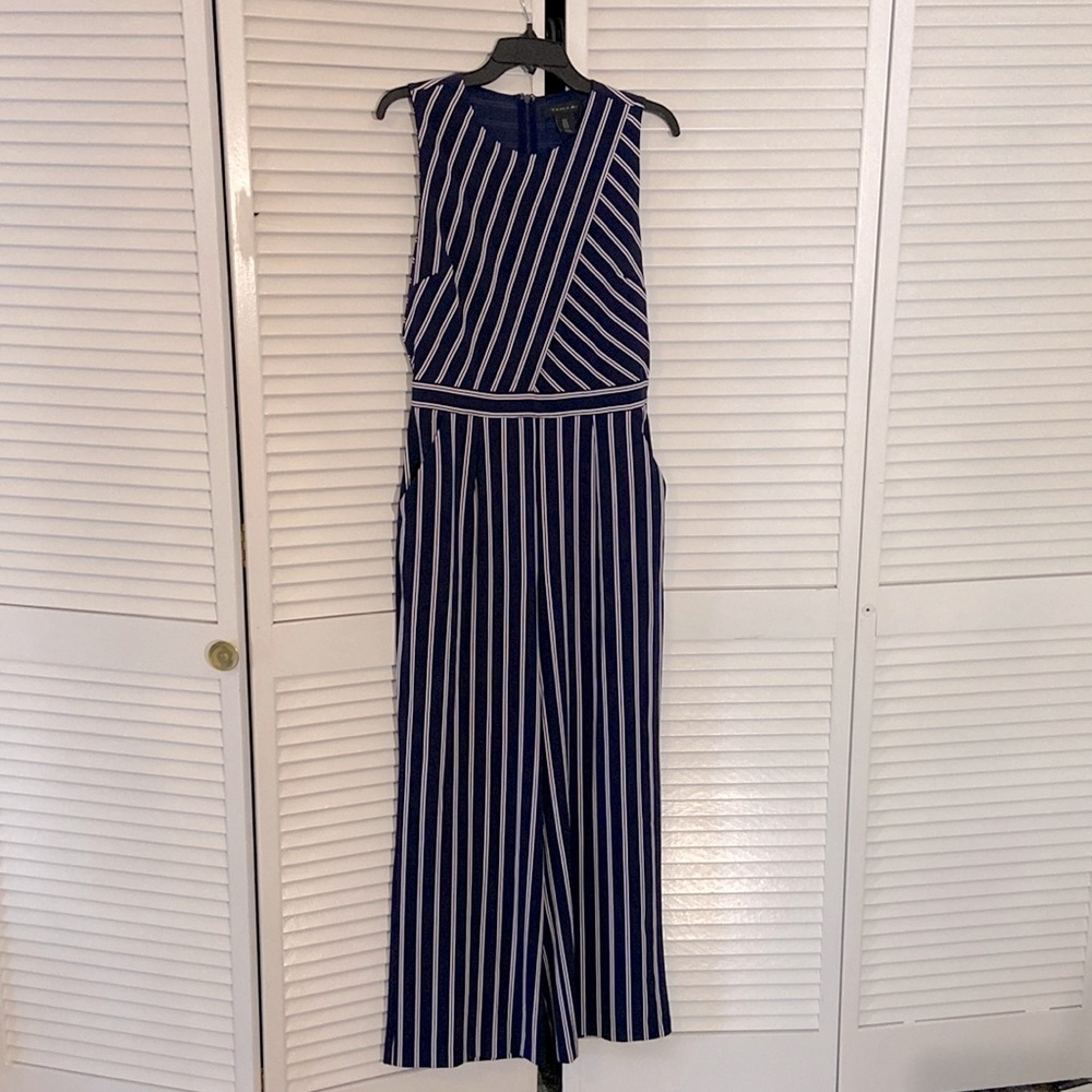Tahari Navy Blue and White Striped Jumpsuit